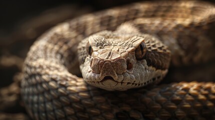 Obraz premium Close-up shot of a coiled rattlesnake with intricate scale patterns, highlighting its detailed texture and intense gaze.