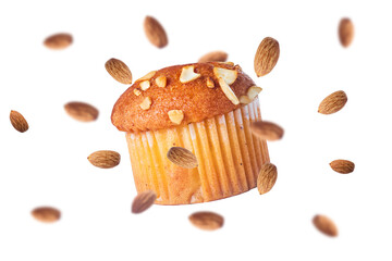 Muffin with almonds isolated on white background.