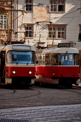 Naklejka premium Tram public transportation in Praha, Czech republic.