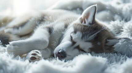 Obraz premium Fluffy gray Siberian Husky puppy napping in snowy winter scene with cozy cabin backdrop