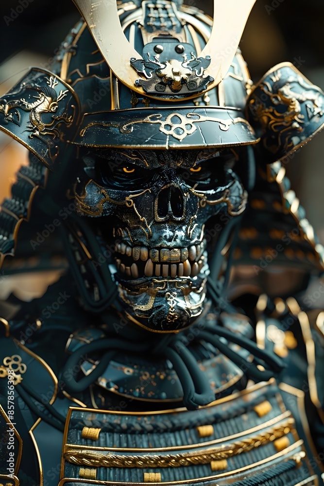 Wall mural Formidable Samurai Warrior in Striking Skull-like Armor,Exuding Palpable Rage