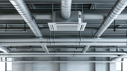 A modern building interior with an air conditioning unit mounted on the ceiling and exposed ductwork