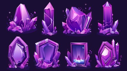 Game avatars with purple hexagon frames. Fantasy ranking badges with glowing borders with laurel, gems, crown, and red pennant, modern cartoon set isolated on white.