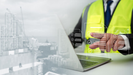 Engineer or Architect checking the list of documents and approving the project, Approved buildings...