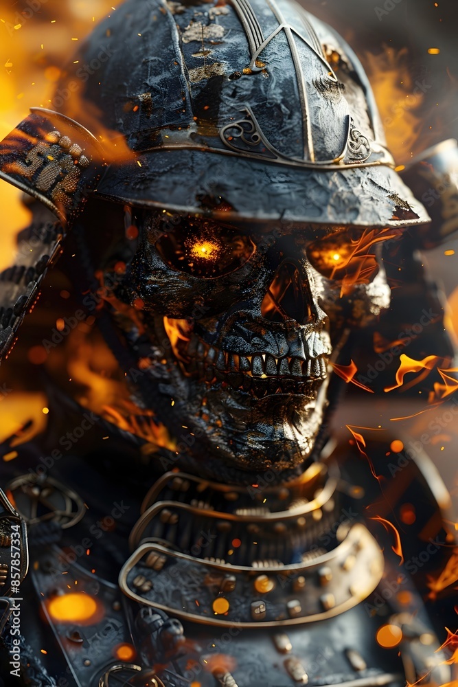 Sticker Intense Stoic Samurai Warrior with Skull-like Face and Billowing Flames in Ultra-Detailed 3D Render