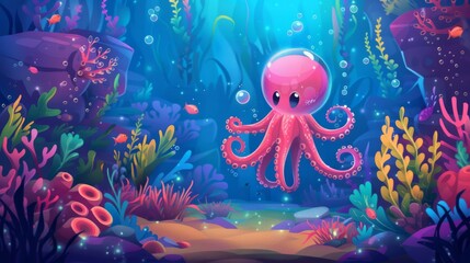 A funny jellyfish swims in water surrounded by exotic fish, colorful corals, and green seaweed. Illustration of marine life on ocean floors.