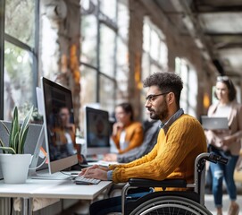 A disabled employee man in a wheelchair working with coworkers in an office.