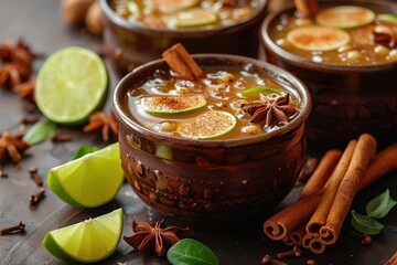 A dark and spicy rum punch cocktail in a punch bowl, with dark rum, ginger beer, lime juice, and cloves, garnished with cinnamon sticks.