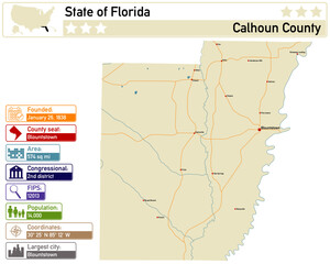 Detailed infographic and map of Calhoun County in Florida USA.