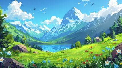 Illustration of a cartoon mountain landscape with a lake in spring valley, a footpath on green hills, rocks with glaciers, snow on slopes and a blue sunny sky in the background.
