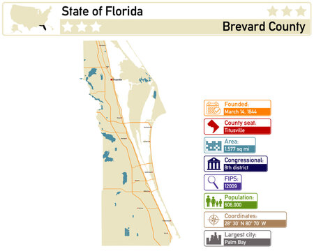 Detailed infographic and map of Brevard County in Florida USA.