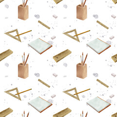 Pencils and pens school pencil case and ink stains. Seamless pattern, highlighted on a white background. Ruler and notepad in a row with an autumn flower. Watercolor illustration in digital style.