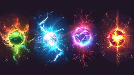 Fototapeta premium Illustration of neon color energy balls with explosions, sparkling texture, fire sparkles, lightning bolts, and round space objects isolated on transparent background.