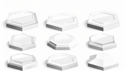 Modern realistic illustration of three 3D pentagons and hexagons on a white background. Abstract abstract plastic podiums, product presentation stands, stage pedestal mockups, modern illustration.