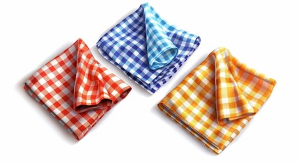 Obraz premium Top view of gingham tablecloths and white kitchen towels with plaid pattern. Modern realistic set of 3d folded tablecloths with plaid pattern and linen napkins isolated on white.