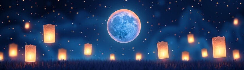 Fototapeta premium Lanterns released into the night sky, each carrying a wish or message, creating a serene and beautiful scene as the full moon shines brightly