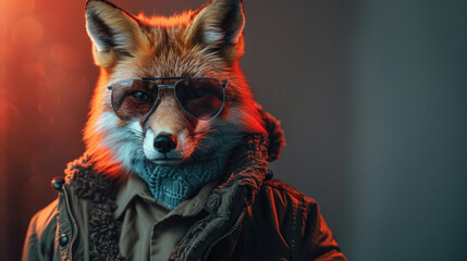 A cool fox rocks a funky ensemble--jacket, shirt, dark shades--posing in a wide banner with ample copy space.