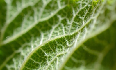 Macro image of a plant leaf with detailed abstract pattern of leaf structure. Close up of a plant for background.