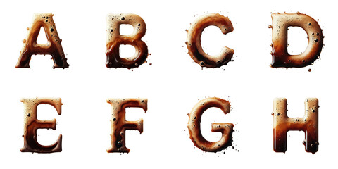 Naklejka premium Creative Alphabet Letters Made of Coffee Liquid and Foam : Letters A to H made from coffee liquid and foam bubbles on a black background