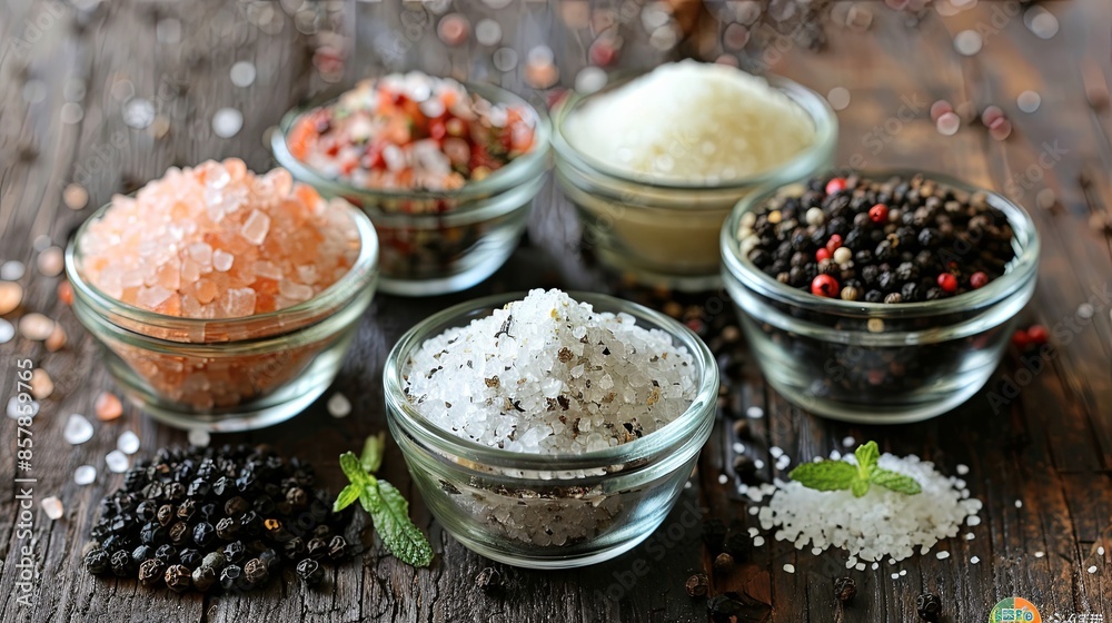 Poster A close-up view of various salts and peppers in glass jars and bowls on a rustic wooden surface. Generative AI