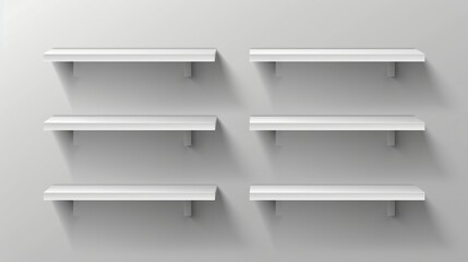 A mockup of an empty supermarket shelf with racks for product display. A realistic set of 3D modern illustrations of a bookcase stand with various angles of view.