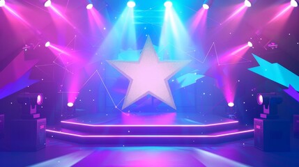 TV studio interior with a camera and spotlights as well as neon illumination, jury vote signs in the top. Cartoon illustration of an empty talent show stage with a camera and spotlights.