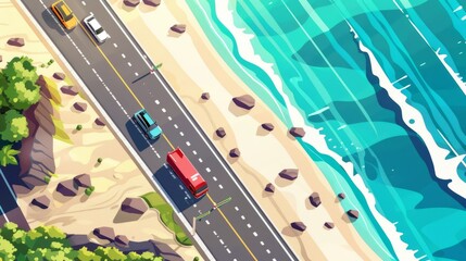 Modern cartoon illustration of a road running along the coast. Trucks and cars are seen from above riding along the highway on summer day as a wave washes the shoreline back and forth.