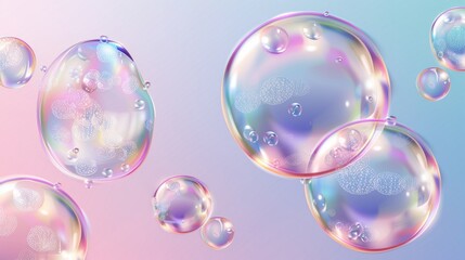 Naklejka premium An iridescent soap ball with pink, blue, and purple iridescent gradients. 3D modern illustration of a rainbow shampoo and wash foam sphere. Delicate ball of soapy, glossy water.