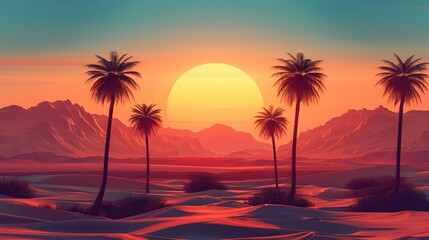 Vintage Travel Poster of Serene Desert Landscape with Silhouetted Palm Trees and Striking Sunset Skies