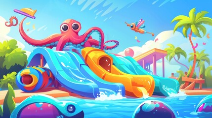 Obraz premium Modern illustration of waterpark with slides and pools. Cartoon modern illustration of waterpark with bright slides, inflatable balls and rings, lounge chairs under umbrellas and palm trees.