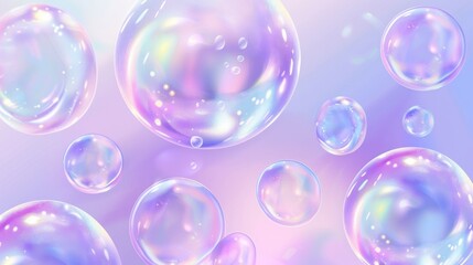 A set of color soap bubbles isolated on a transparent background. Modern realistic illustration of shampoo and water balls reflecting light on a white iridescent surface, suitable for design elements