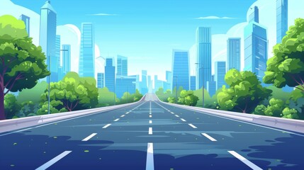 Fototapeta premium An illustration of a curve bridge road leading to a city with skyscrapers. Illustration of a town landscape with multi-storey buildings, highways, and green trees on a sunny summer day. Speed freeway