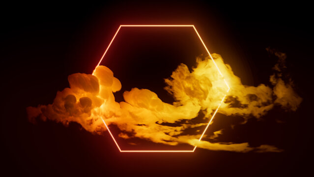Cloud Formation Illuminated with Orange and Yellow Fluorescent Light. Dark Environment with Hexagon shaped Neon Frame.