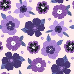 Seamless pattern of purple flowers of different shapes. Vector graphics