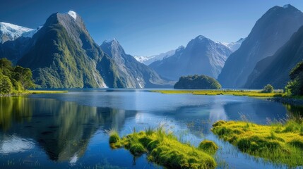 Fototapeta premium A picturesque backdrop of Franz Josef Glacier and Milford Sound fjord in New Zealand, with towering ice formations, lush green valleys, serene blue waters, and dramatic mountain peaks under a clear
