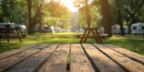 Wooden Table in Outdoor Setting with Camper Trailers and Grass. Concept Outdoor Photoshoot, Nature Photography, Camping Themes, Woodland Decor, Outdoor Lifestyle