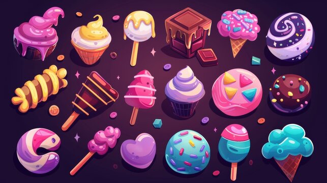 Set of sweet dessert planets isolated on a background. Characters include fantasy ice cream and chocolate balls, biscuit cakes with cherries, pink jelly rolls, and magic confectionery planets.
