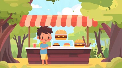 The cartoon modern illustration shows a boy with a backpack buying snacks at a fast food kiosk on a sunny day in a public park. A burger stall with tables and chairs in an outdoor street cafe.