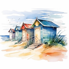 Summer houses at the ocean beach watercolor illustration, cartoon drawing of wooden huts for travelers on vacation at the sand sea coast