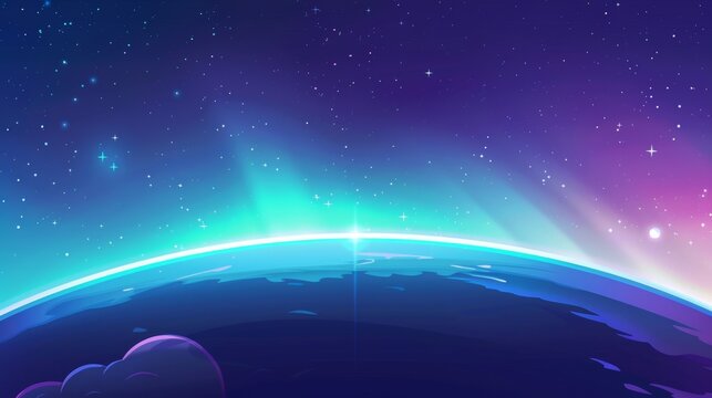 A bright blue crescent glow on top of a dark starry sky. Realistic modern illustration of the sunrise or sunset from outer space. Dawn or dusk in space.