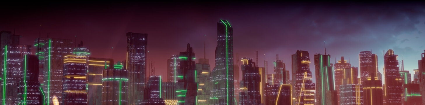 Futuristic Metropolis with Orange and Green Neon lights. Night scene with Visionary Skyscrapers.