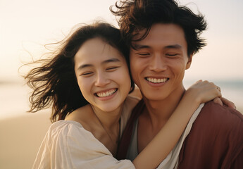 Couple in love hugging at the ocean beach. Romantic summer travel together, asian man and woman happy at the sea shore
