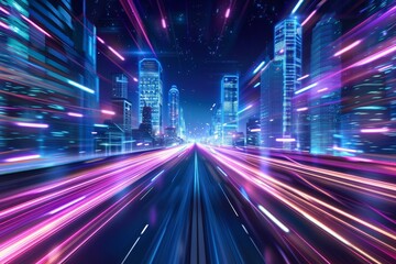 With neon futuristic technology background, high speed light trails, motion effect, and stock AI, these speed light trails cross smart modern mega cities and skyscrapers towns.