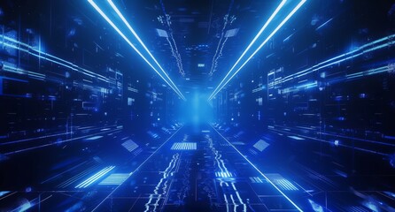 There is a dark, empty scene with neon lights. A futuristic neon background with searchlight light, wet asphalt, smoke and rays of light.