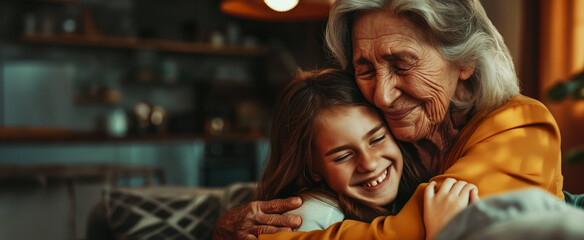 Obraz premium happy young girl hugging her grandmother at home, an emotional moment of love and connection between generations. With copy space