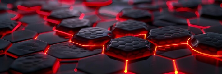 Fototapeta premium The futuristic technology interface is red with hexagons and blurred bokeh
