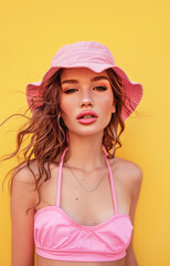 Aesthetic fashion magazine photo. Model in stylish summer look. Bucket hat trends. Ideal concept for social media, fashion bloggers.