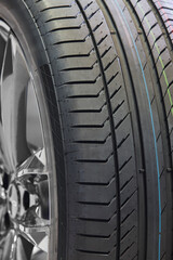 Car tyre detail. Vehicle part. Automobile maintenance industry