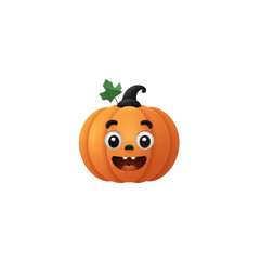 A smiling cartoon pumpkin with a green stem and black stem.  The pumpkin has a friendly face and is...