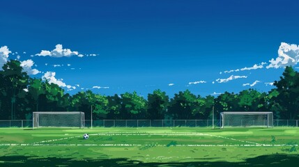 Soccer field with two goal posts, ball centered on pitch, under a clear sky. The image suggests a ready and inviting play area, emphasizing leisure and sports in a serene park.